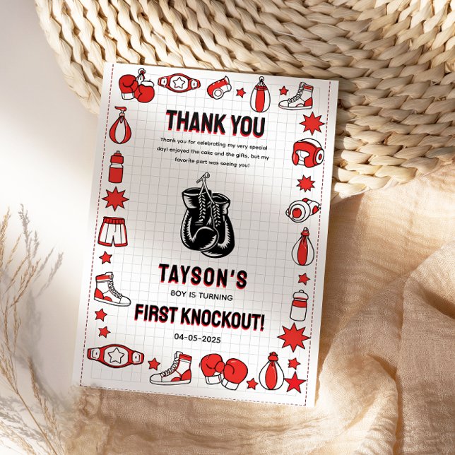 First Knockout Boxing 1-årsjubileum – Roliga Barn Tack Kort (First Knockout Boxing 1st Birthday – Fun Kids Thank You Card
)