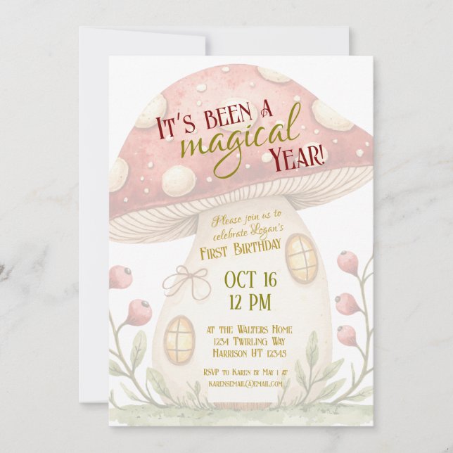 First Magical Mushroom Birthday Invitation Inbjudningar (Framsida)