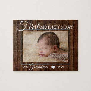 First Mors dag Grandma Photo Mörk Wood Pussel