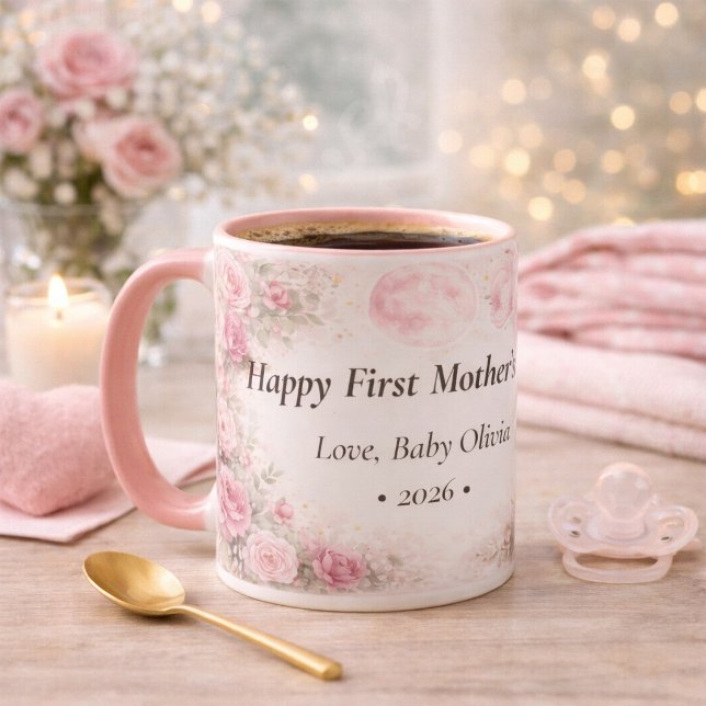 First Mother’s Day Personalized Floral Rose Pink Mugg (Skapare uppladdad)