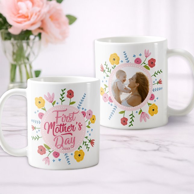 First Mother’s Day Photo Floral Mug Gift Kaffemugg (1st Mother's Day Gift Idea)