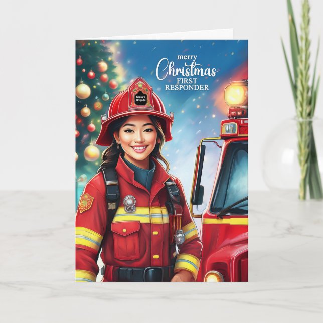 First Responder Asian Female Firefighter jul Helgkort (Framsida)