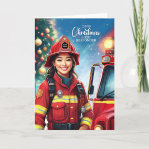 First Responder Asian Female Firefighter jul Helgkort