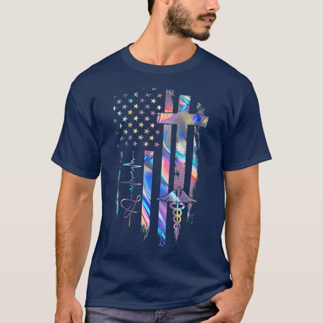 First Responder Nurse American US Flagga Heartslag T Shirt (Framsida)