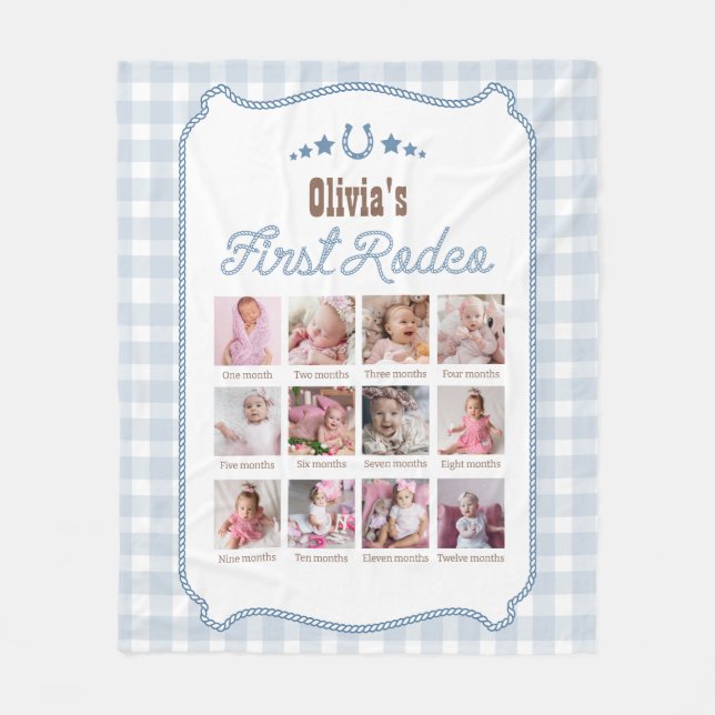First Rodeo 1-års födelsedag Blå Western Fotoskylt Fleecefilt (Framsidan)