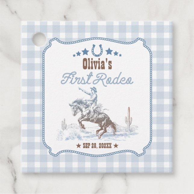 First Rodeo 1st Birthday Blue Western Gåvor Etiketter (Framsida)