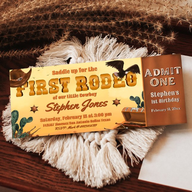 First Rodeo Biljett  Inbjudningar (First Rodeo -  Boy 1st Birthday Cowboy Ticket Invitation)
