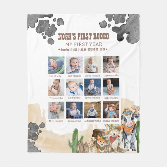 First Rodeo Birthday 12 Month Photo Collage  Fleecefilt (Framsidan)