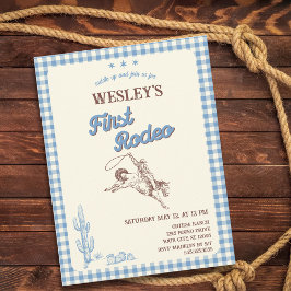 First Rodeo Blue Plaid 1st Birthday Inbjudan Vykort