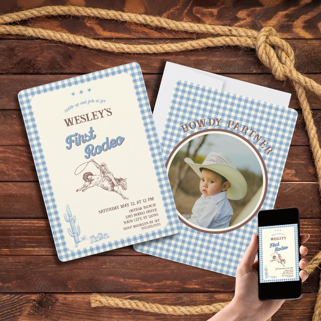 First Rodeo Blue Plaid First Birthday Invitation Inbjudningar (First Rodeo Blue Plaid First Birthday Invitation
)