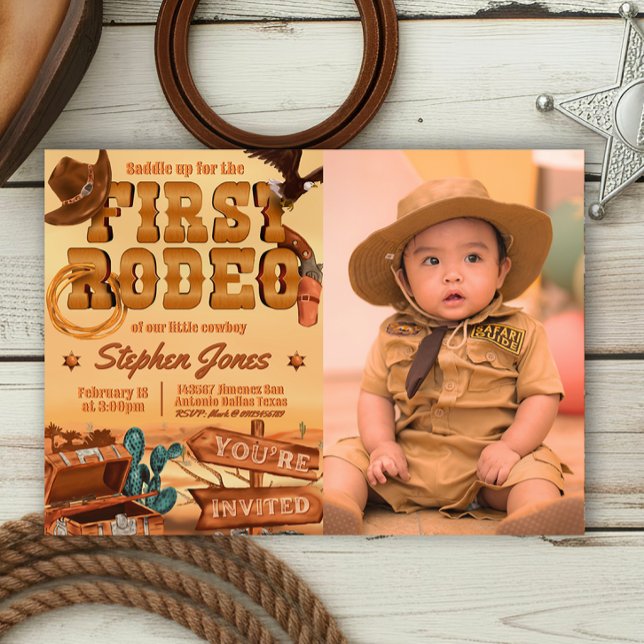 First Rodeo - Cowboy Birthday med Bild Inbjudningar (First Rodeo -  Boy 1st Birthday Cowboy Landscape Invitation with Picture)