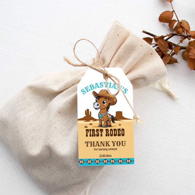 First Rodeo cowboyen baby födelsedagsfest för häst Presentetikett (First rodeo western birthday party favor gift tags cute cowboy horse thank you favor tags)