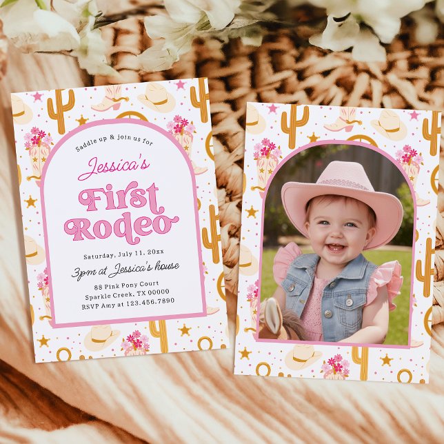 First Rodeo Cowgirl Photo Pink 1st Birthday Party Inbjudningar (Skapare uppladdad)