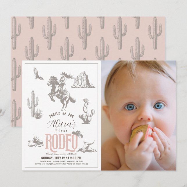 First Rodeo Cowgirl Rosa 1st Birthday Photo Inbjudningar (Fram/baksida)