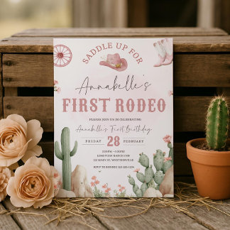 First Rodeo Girl Birthday Invitation, Pink Western Inbjudningar
