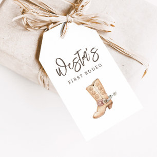 First Rodeo Neutralt Cowboy Birthday Favor Presentetikett
