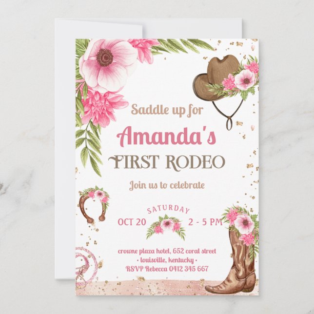 First Rodeo Party Rosa Cowgirl Birthday Inbjudningar (Framsida)