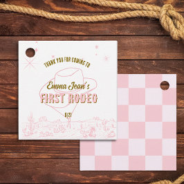 First Rodeo Pink Cowgirl 1st Birthday Thank You Gåvor Etiketter
