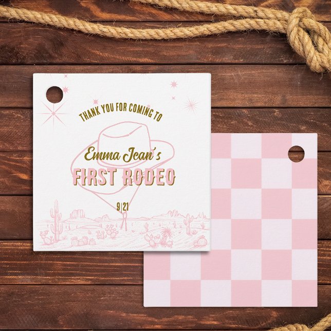First Rodeo Pink Cowgirl 1st Birthday Thank You Gåvor Etiketter (First Rodeo Pink Cowgirl 1st Birthday Thank You Favor Tags)
