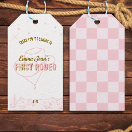 First Rodeo Pink Cowgirl 1st Birthday Thank You Presentetikett