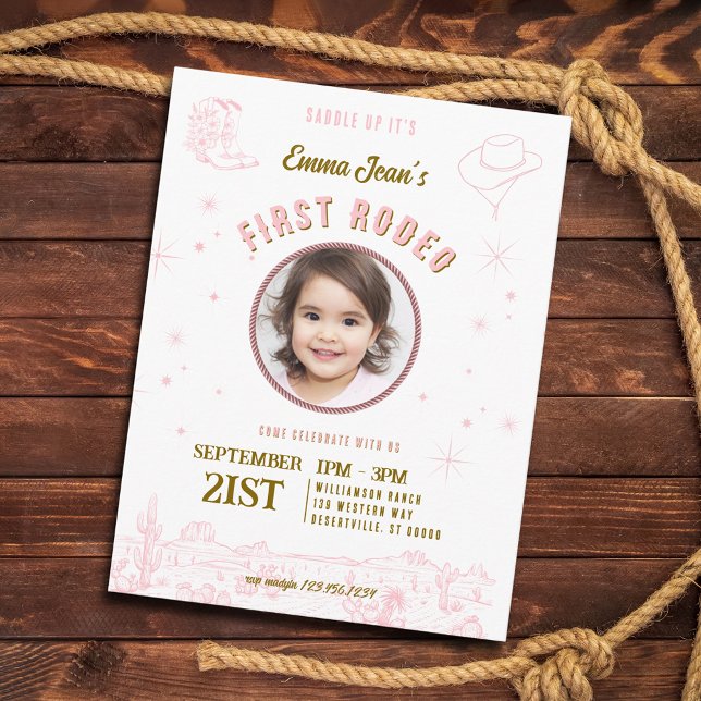 First Rodeo Pink Cowgirl First Birthday Inbjudan Vykort (First Rodeo Pink Cowgirl First Birthday Invitation Postcard)