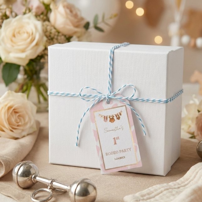 First Rodeo Pink Cowgirl Western Birthday Presentetikett (First Rodeo Pink Birthday Gift Tag)