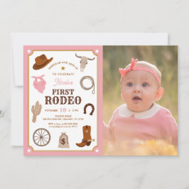First Rodeo Rosa Girl Girl Vilda western 1st Birth Inbjudningar