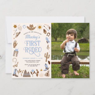 First Rodeo Vilda western Cowboy Blue Birthday Pho Inbjudningar