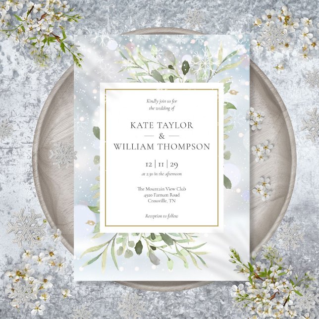 First Snöflingor Greenery Winter Wedding Inbjudningar (First Snowflakes Greenery Winter Wedding Invitatio Invitation)