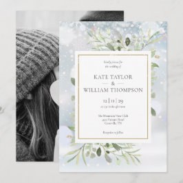 First Snöflingor Greenery Winter Wedding Photo Inbjudningar