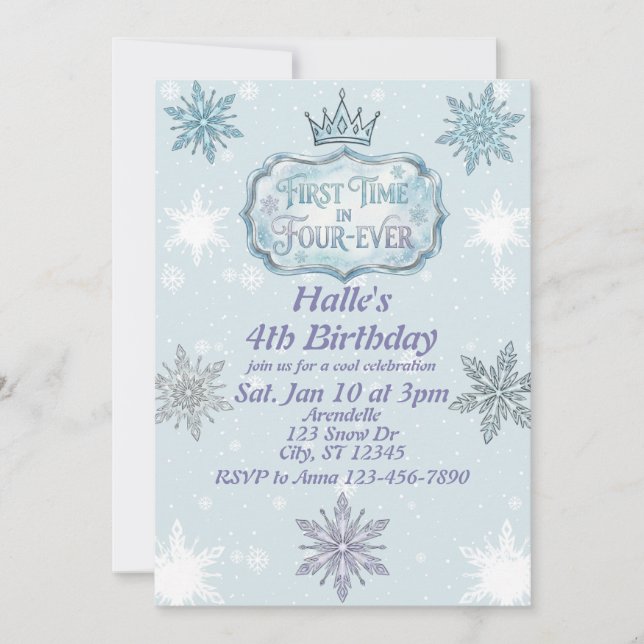First Time Four-Ever Snowflake Birthday Invitation Inbjudningar (Framsida)