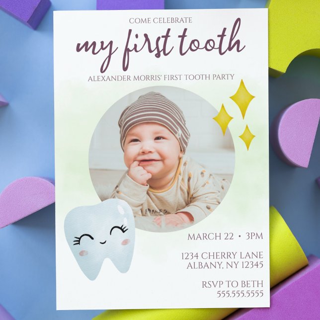 First Toth Party Cute Photo Inbjudningar ("my first tooth" party invitation cute gender neutral boy or girl baby party invite watercolor cute)