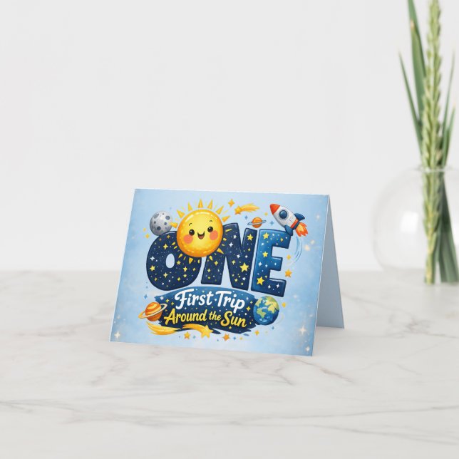 First Trip Around the Sun First Birthday Thank You Tack Kort (Framsida)