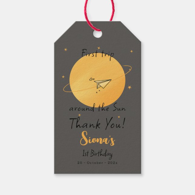 First Trip Around The Sun Paper Airplane Birthday Presentetikett (Framsidan)