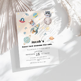 First Trip Around the Sun space Animals Birthday  Inbjudningar