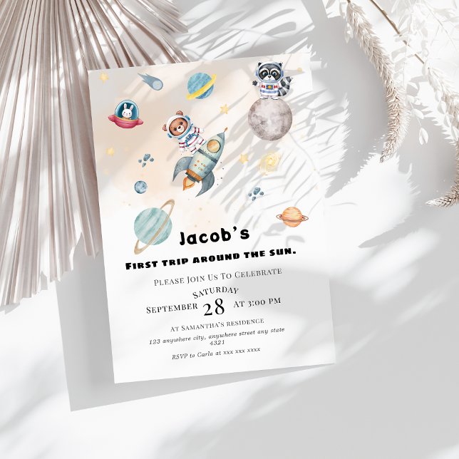 First Trip Around the Sun space Animals Birthday  Inbjudningar (Skapare uppladdad)
