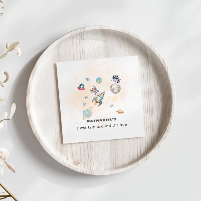 First Trip Around the Sun space animals Birthday  Pappersservett (Skapare uppladdad)