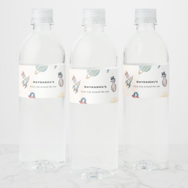 First Trip Around the Sun space animals Birthday  Vattenflaska Etikett (Flaskor)