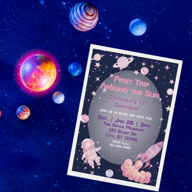 First Trip, Pink Purple Space 1st Birthday  Inbjudningar (Skapare uppladdad)