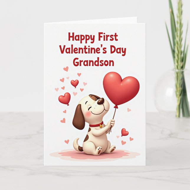 First Valentines Day Grandson Puppy Card Kort (Framsida)