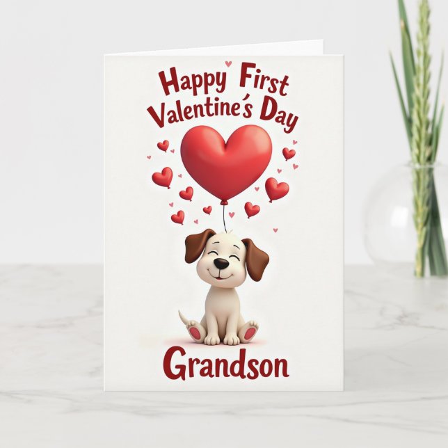 First Valentines Day Puppy Grandson Card Kort (Framsida)