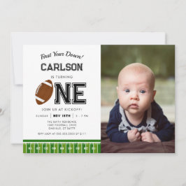 First Year Down Football Boy First Birthday Photo Inbjudningar