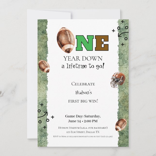 First Year Down Invitation • Football 1st Birthday Inbjudningar (Framsida)