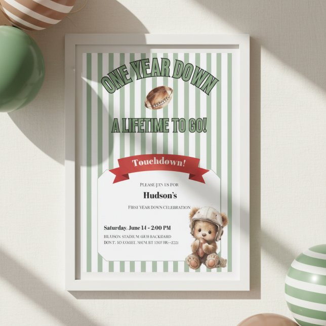 First Year Down Invitation • Football Birthday Inbjudningar (Football first birthday invitation with teddy bear and green stripes in white frame)