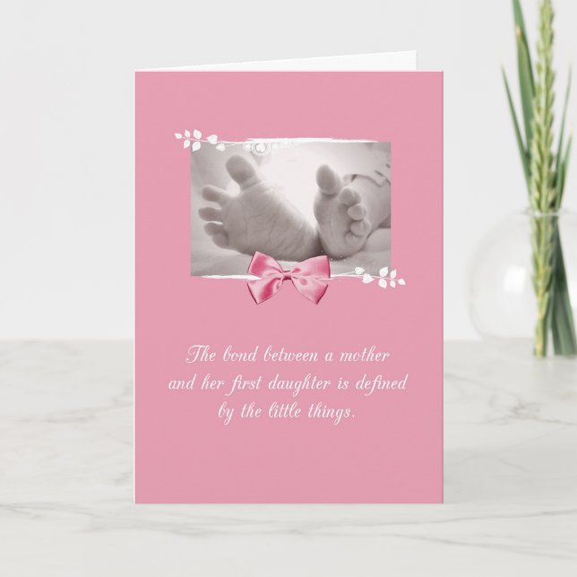 Firstborn Girl Grattis Baby Feet Rosa Bow Kort (Framsida)