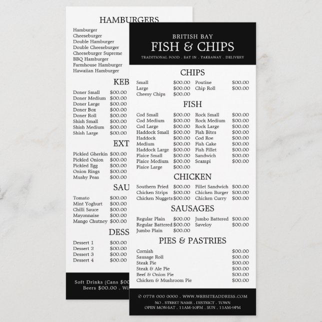 Fish & Chip Shop Restaurang Slimline Meny (Fram/baksida)