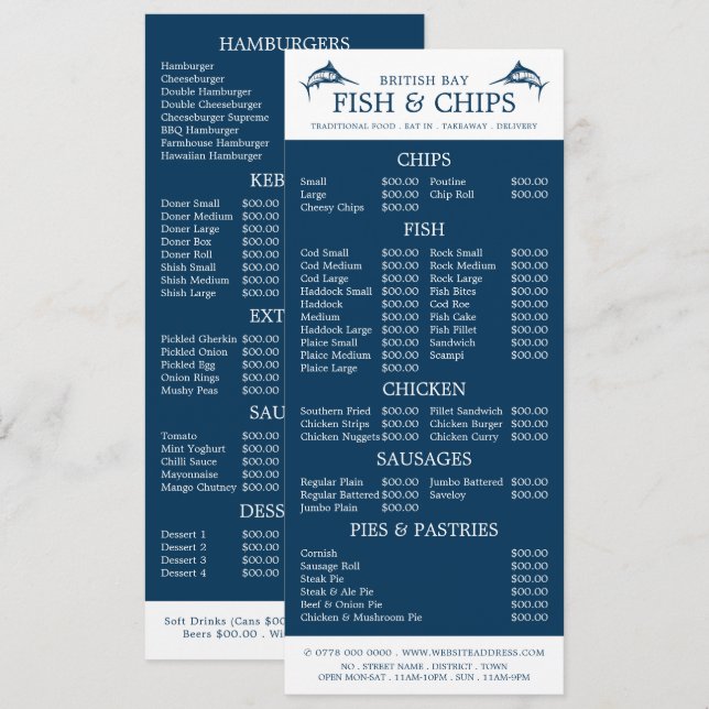 Fish & Chip Shop Restaurang Slimline Meny (Fram/baksida)