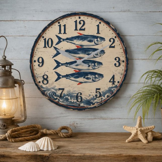  Fish Coastal Nautical  Fisherman  Beach House Stor Klocka (Skapare uppladdad)
