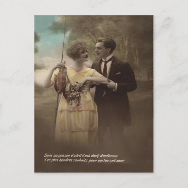 Fish Flower Victorian Couple Poisson d'avril Vykort (Framsida)
