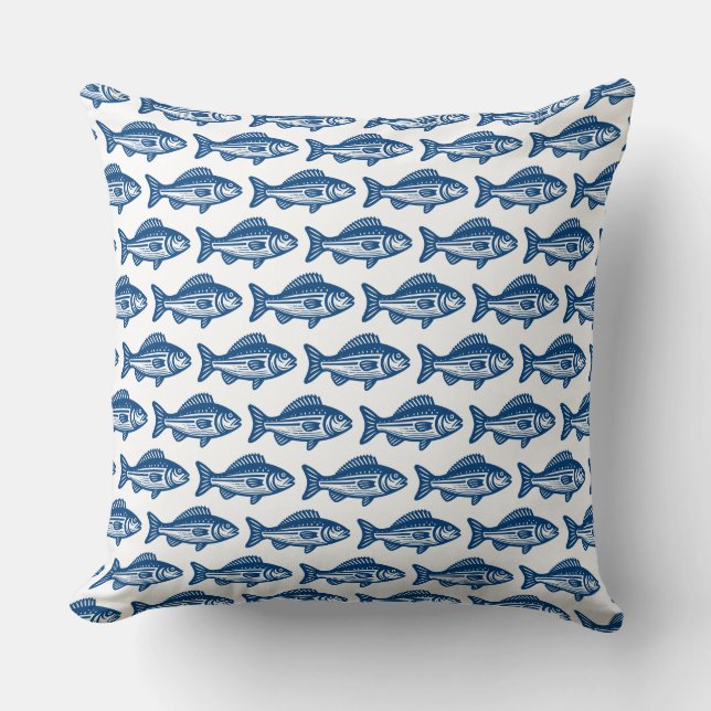 Fish Mönster - Shibori Blue on White Kudde (Framsida)